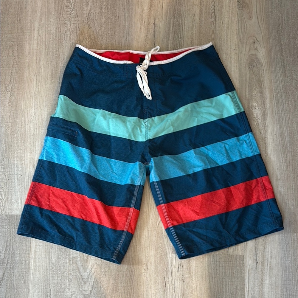 Vibrant Blue and Red Striped Board Shorts